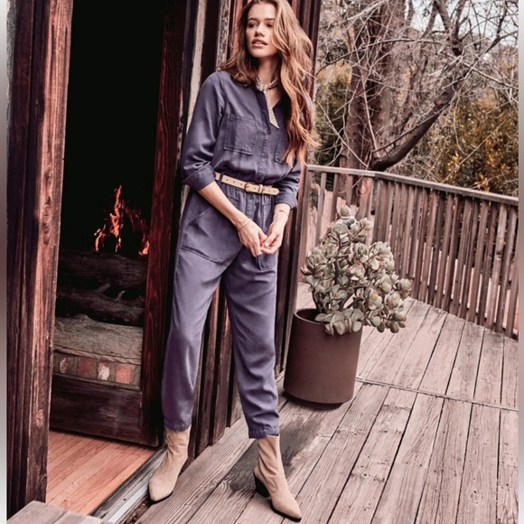 Bella Dahl Utility Jumpsuit Vintage Maroon button down elastic / ties waist Sz M - Picture 12 of 12